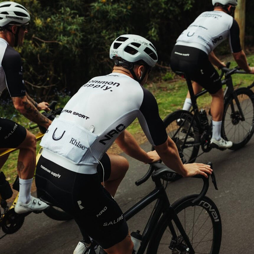 Salire custom cycling jersey and bib shorts with the Common Supply crew