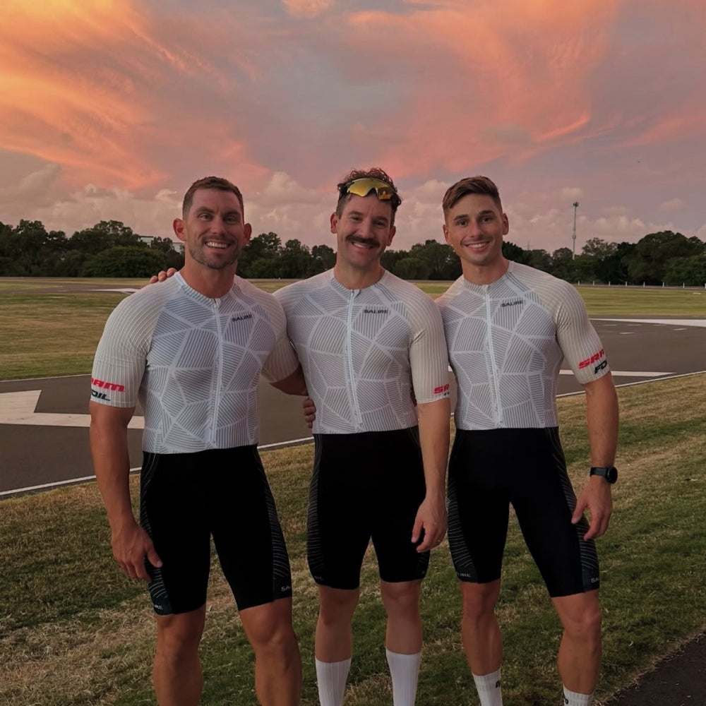 Tandem Co. cycling crew wearing customised Salire jerseys and bib shorts
