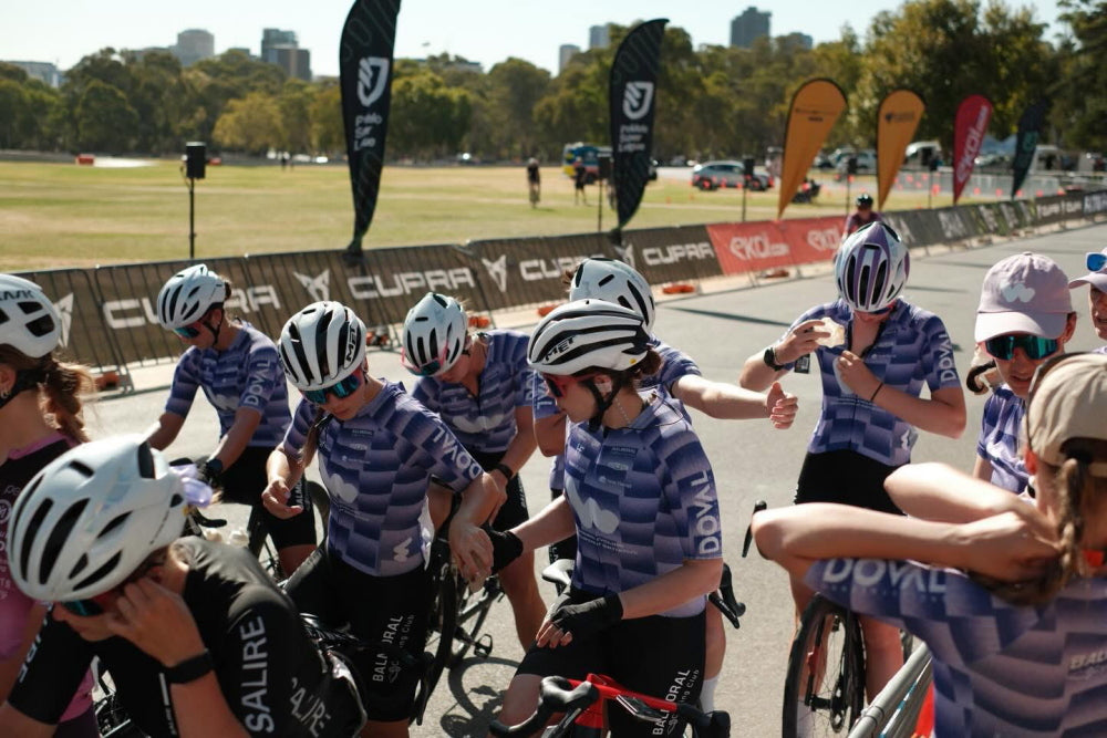 Brisbane Women Cycling Club racing in Salire customised jerseys and bib shorts